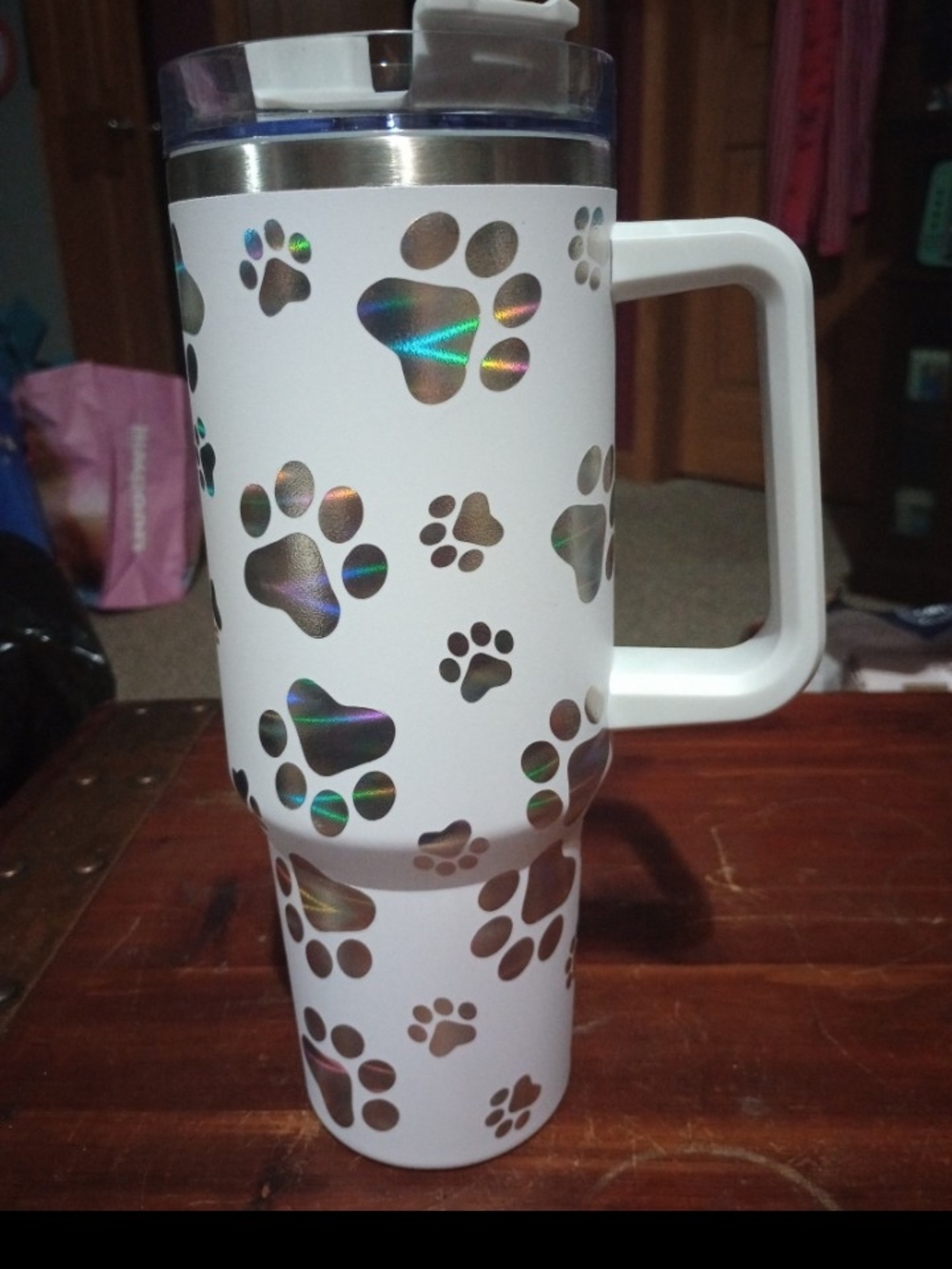 White Paw Print Travel Mug with Handle - Pet Lover Tumbler